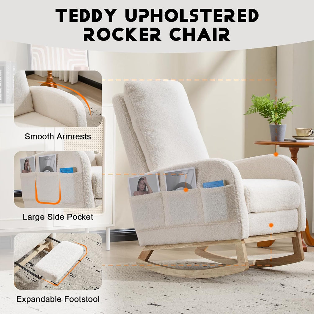 Rocking Chair Nursery with Foot Rest, Sherpa Nursing Rocking for Mom Nursery Rocker Chair with High Straight Backrest, Armchair Rocker Glider with Side Pocket for Living Room, Bedroom, Teddy White