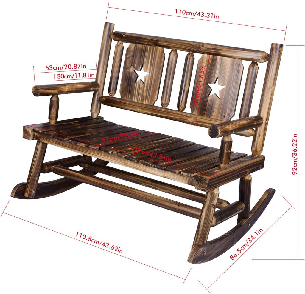 XCSOURCE Outdoor Rocking Bench, Wooden Double Outdoor Patio Rocker Chair for 2 Persons, Rustic Log Porch Bench for Farmhouse Decoration (Brown)