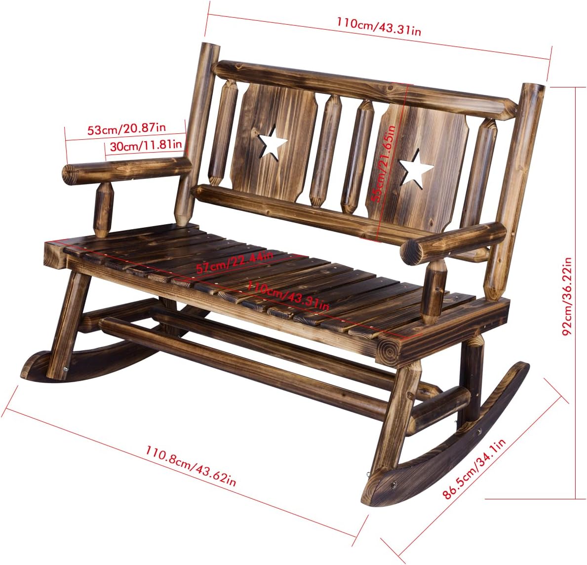 XCSOURCE Outdoor Rocking Bench, Wooden Double Outdoor Patio Rocker Chair for 2 Persons, Rustic Log Porch Bench for Farmhouse Decoration (Brown)