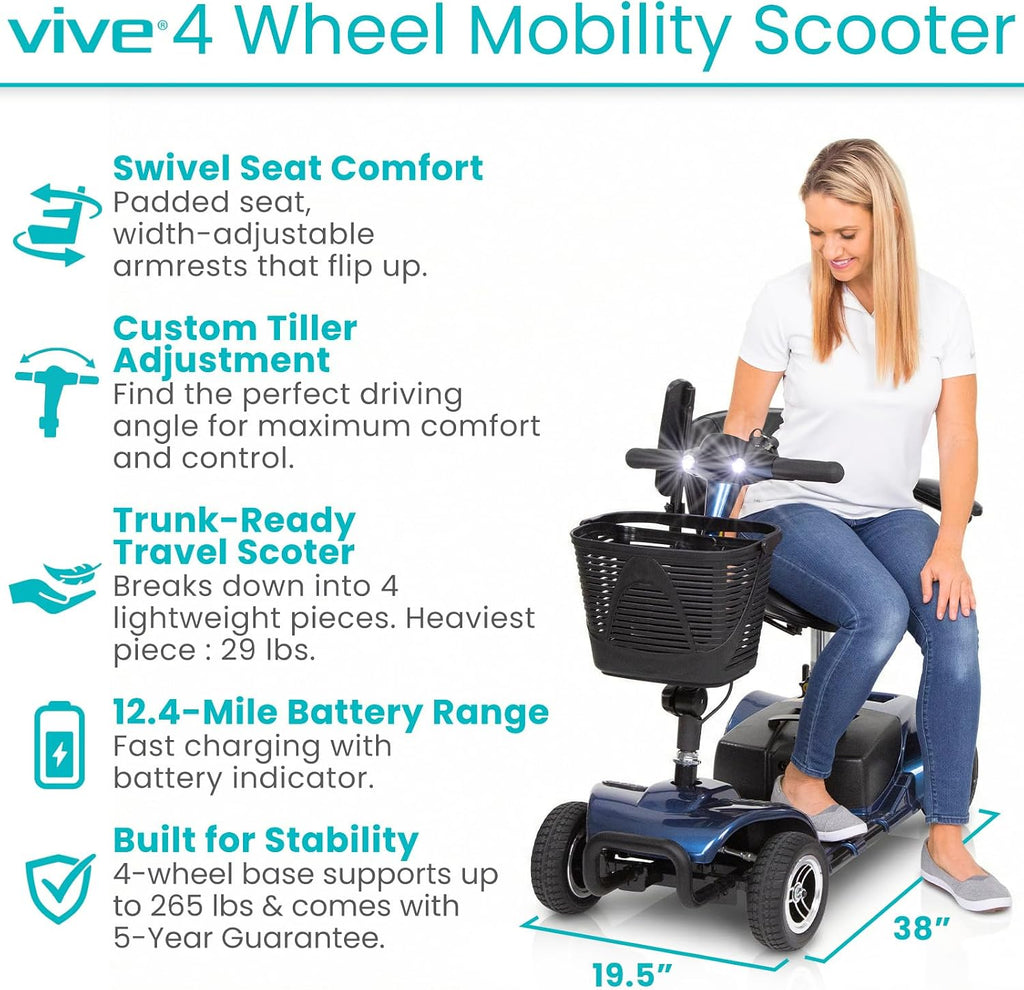 Vive 4 Wheel Mobility Scooter - Electric Powered Wheelchair Device - Compact Heavy Duty Mobile for Travel, Adults, Elderly - Long Range Power Extended Battery with Charger & Basket