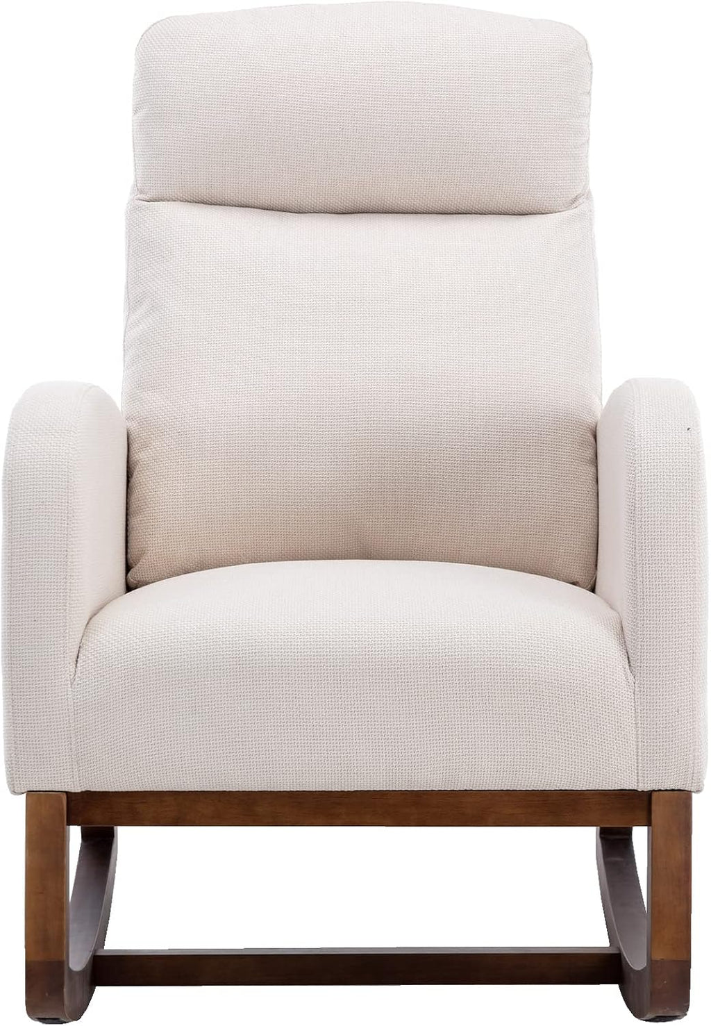 Modern Rocking Chair with Breathable Yellow Linen & Solid Wood Legs - Recliner Glider Armchair Featuring Side Pocket, High Back Support for Nursery, Living Room, Bedroom (Beige)