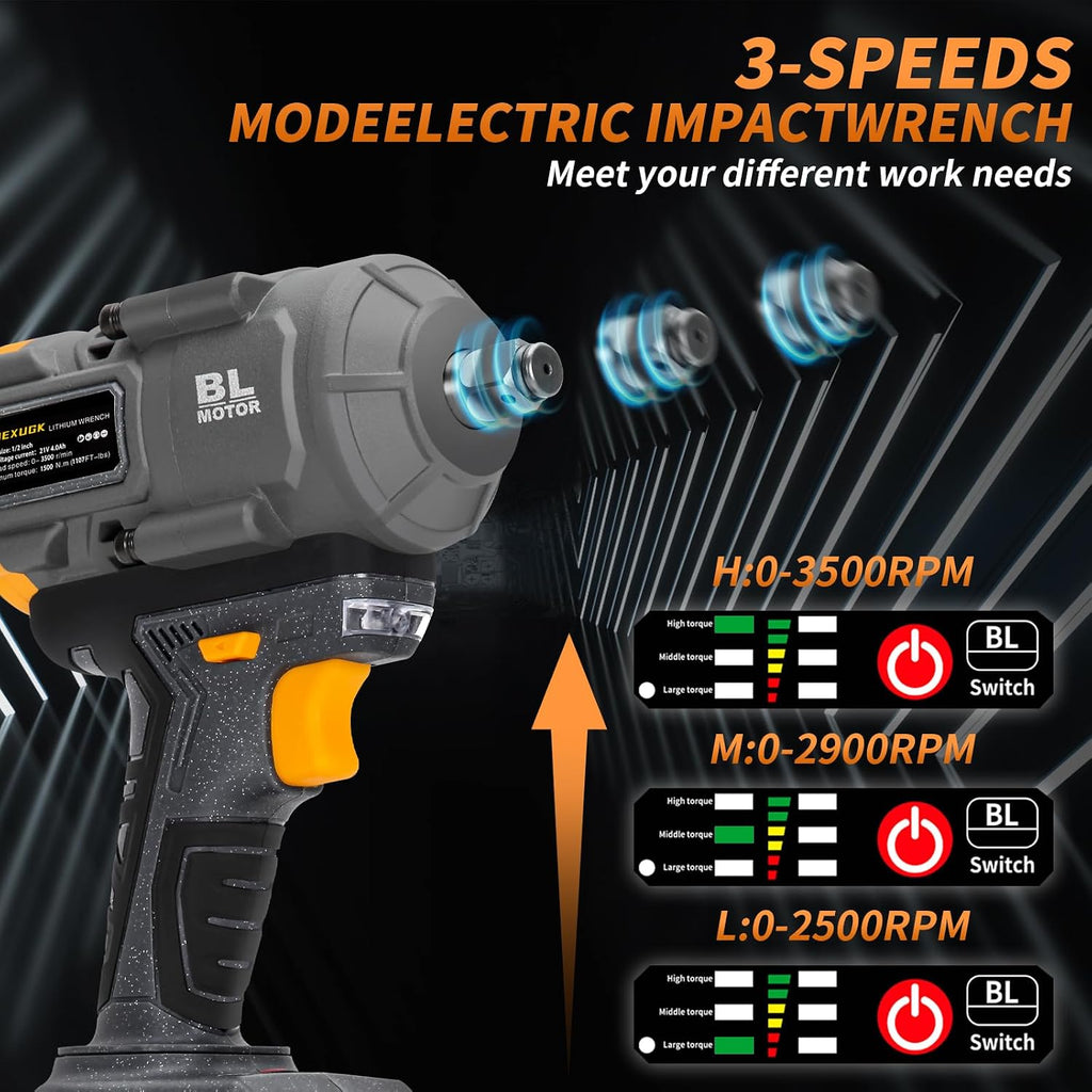 JEXUGK 1500Nm Impact Wrench, 1/2' 1107ft-lbs Cordless Impact Gun with 2 x 4.0Ah Battery, 21V High Torque Power Impact Driver with 6 Sockets,Pistola Llave De Impacto for Truck RV Car Heavy Construction