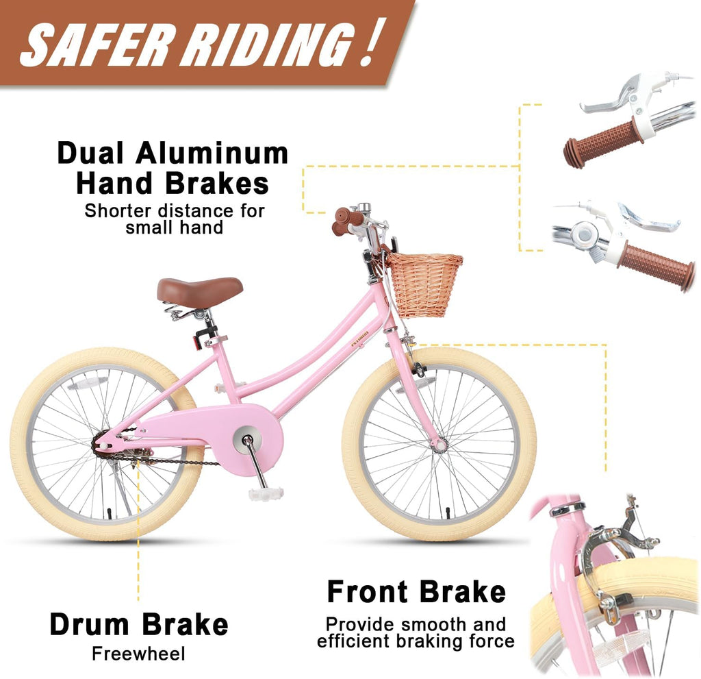 Petimini Vintage Kids Bike for Girls, 12–20 Inch Classic Bicycle with Wicker Basket & Bell, High Tensile Steel Frame, Training Wheels (12–18'), 85% Pre-Assembled, Retro Bike for Outdoor Riding