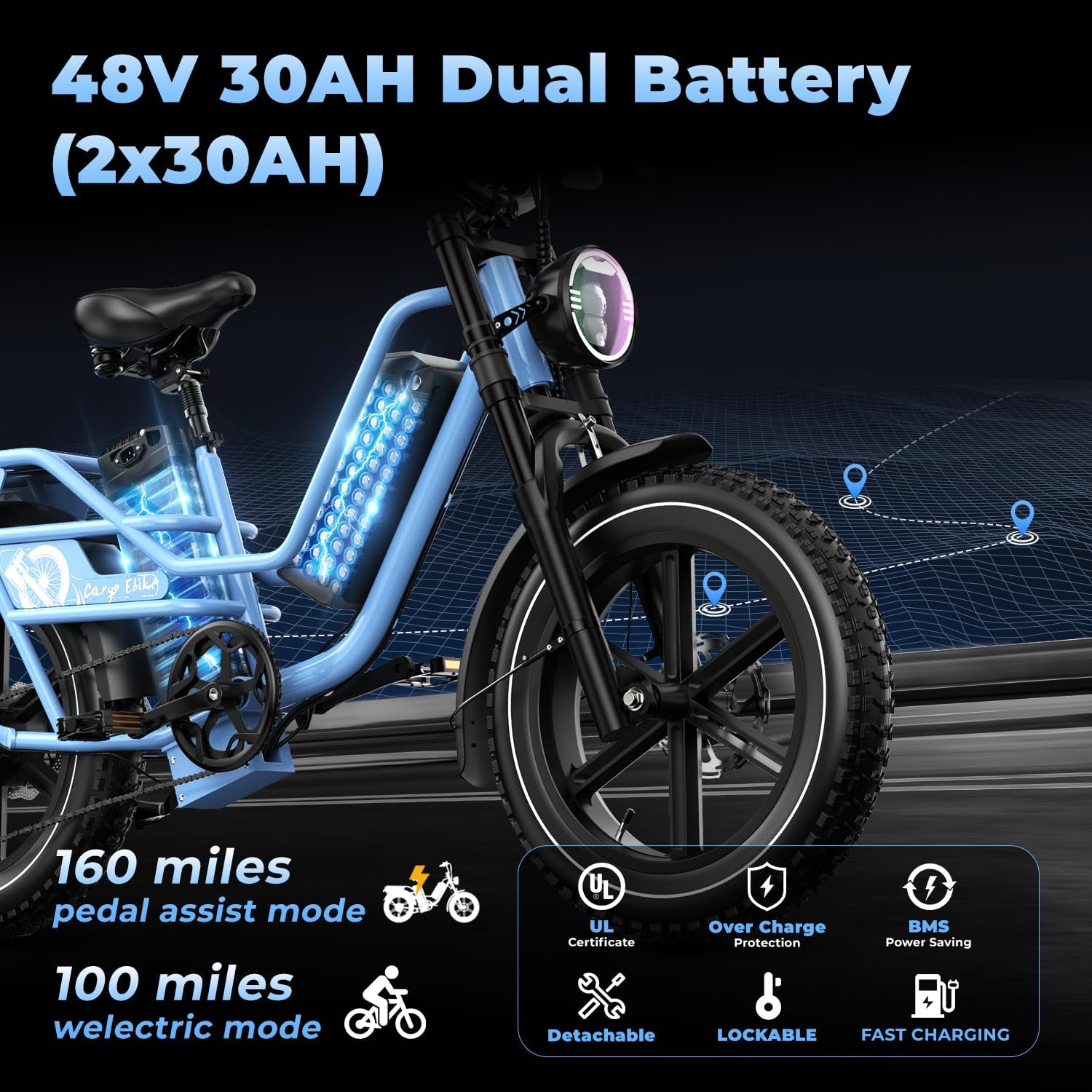 Dual Battery Electric Bike for Adults, Cargo Ebike with 48V 60AH Removable Battery Up to 160 Miles, 1450W Peak Motor Electric Bicycle, 20' x 4' Fat Tire 7 Speed Hydraulic Disc Brakes E Bike