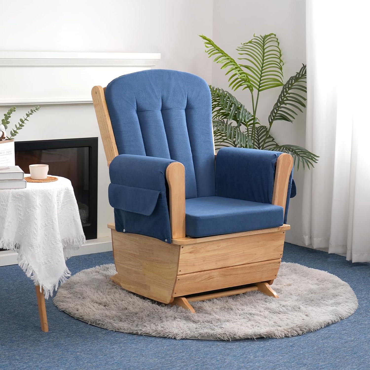 Glider Rocker Chair with Ottoman, Silent Swing Solid Rubberwood Nursery Rocking Chair for Baby Feeding, Ergonomic Comfy Cushion for Nursery Living Room Bedroom Classroom, Blue
