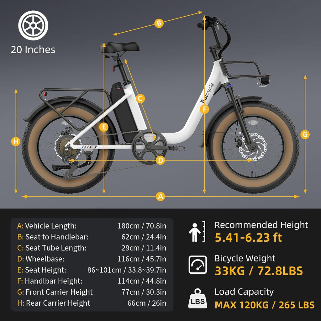 Baicycle 1800W Peak Electric Bikes for Adults 20' Fat Tire E Bike with 90 Miles(PAS) Max Range 28 MPH Electric Bicycle Step-Thru Ebikes with 48V Removable Battery 7 Speed Ebike
