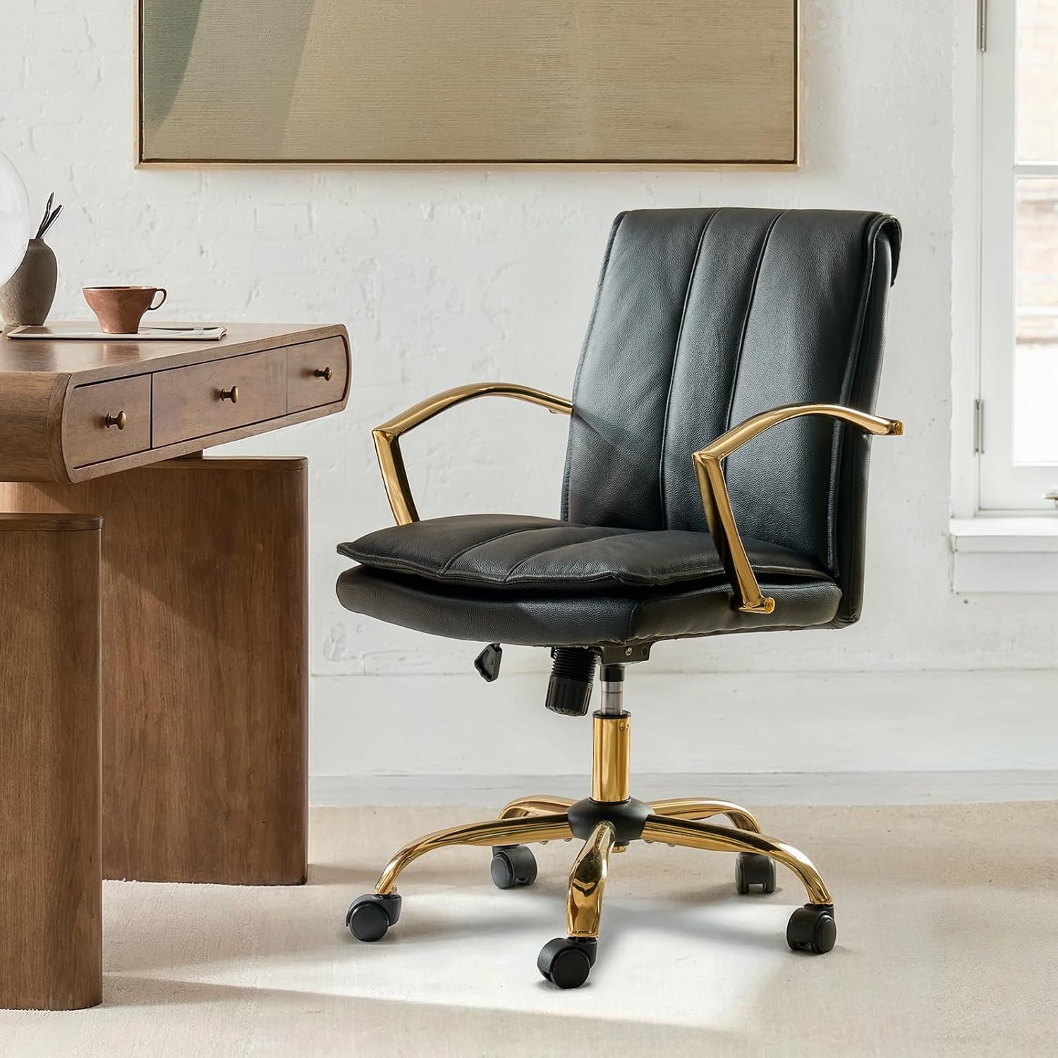 HULALA HOME Genuine Leather Home Office Desk Chair, Adjustable Swivel Computer Chair with Golden Legs and Arms, Comfy Upholstered Task Chair, Black