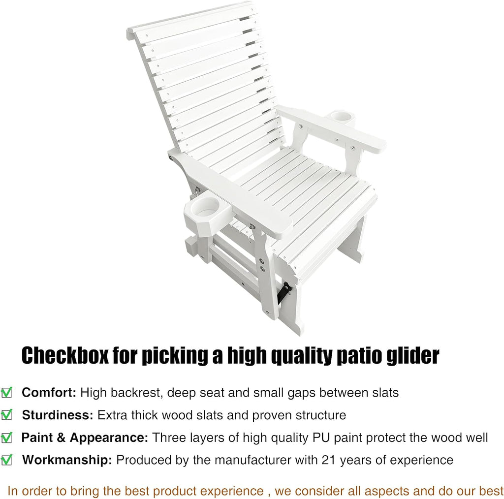 Fortune Candy Wooden Patio Glider for One Person, with High Backrest and Deep Contoured Seat, Solid Fir Wood, Heavy Duty 600 LBS (White, 1-Seater)