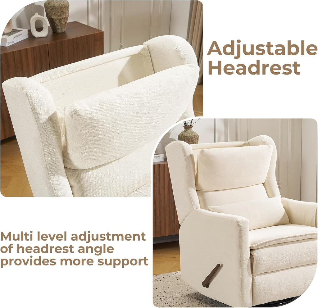 Large Glider Rocker Recliner,Rocking Chair Nursery with Adjustable Headrest,Swivel Rocker Recliner with Lumbar Support,Manual Nursery Rocker Recliner for Living Room& Bedroom,Chenille White