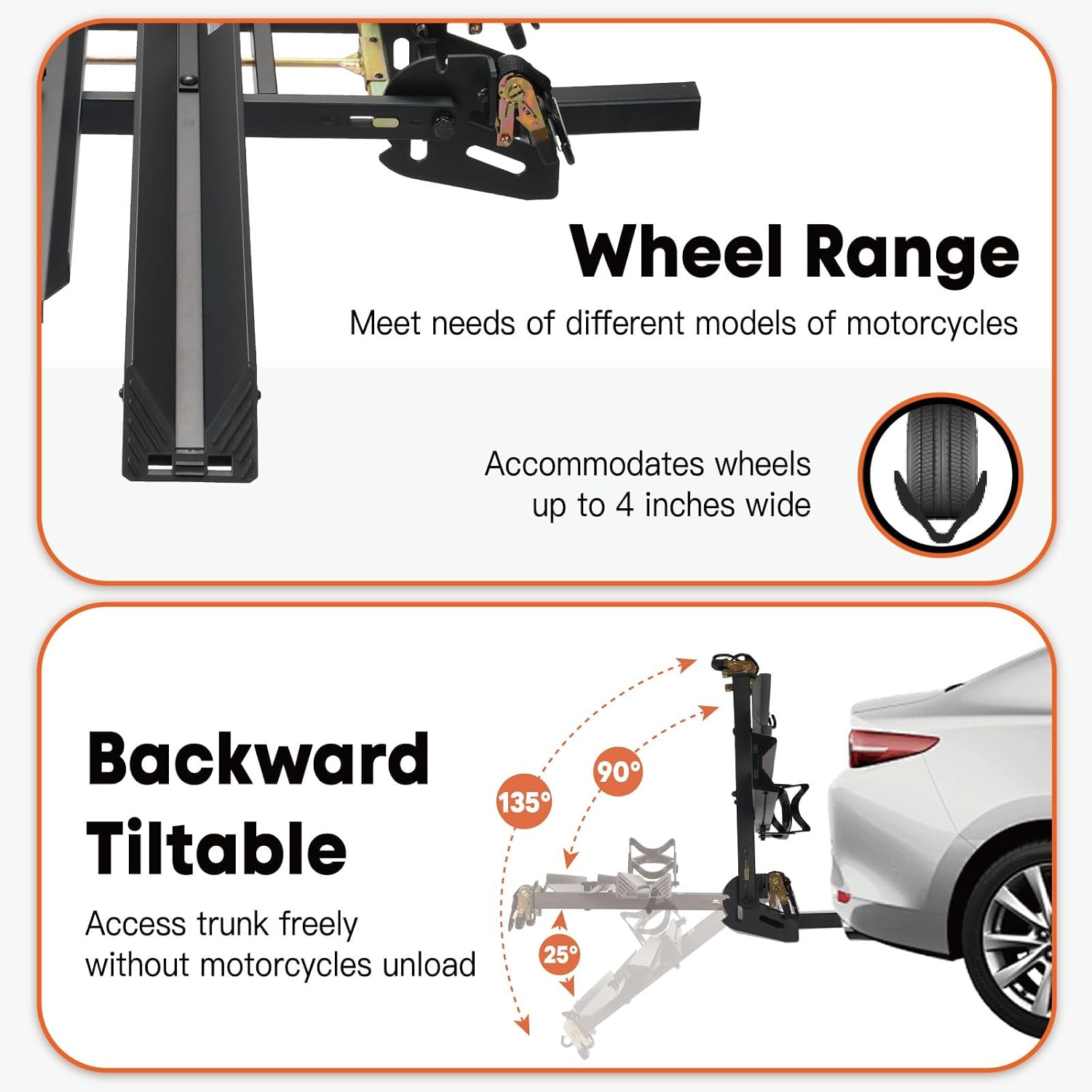 CRAVOT Motorack M1 Motorcycle Hitch Carrier with Ramp, 350 lbs Capacity Dirt Bike Carrier, Foldable Hauler Hitch Mount Rack Anti-Rattle Up to 4-inch Fat Tire 2' Receiver
