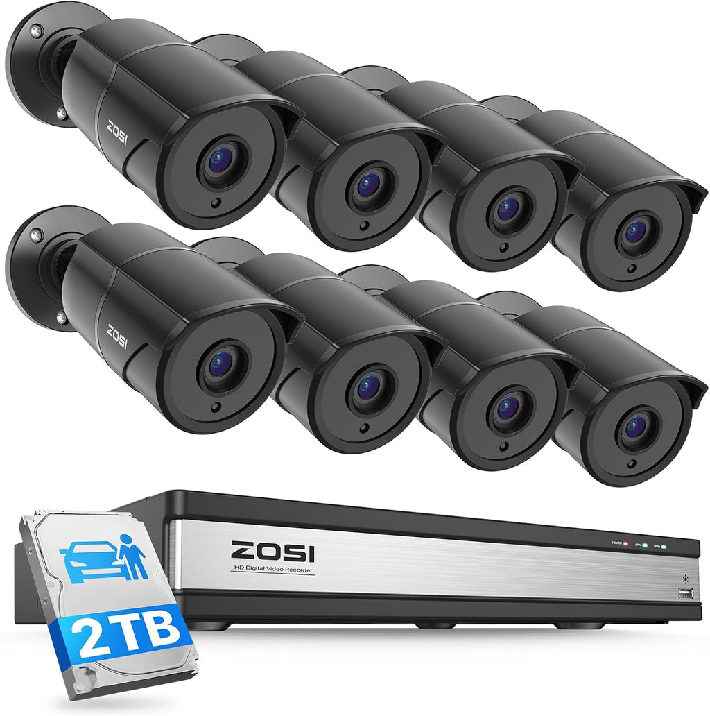 ZOSI 16CH 3K Lite Security Camera System with Audio, AI Human/Vehicle Detection, Night Vision, 8 x 1080P Metal Weatherproof Wired Cameras, 16 Channel Surveillance DVR with 2TB HDD for 24/7 Recording