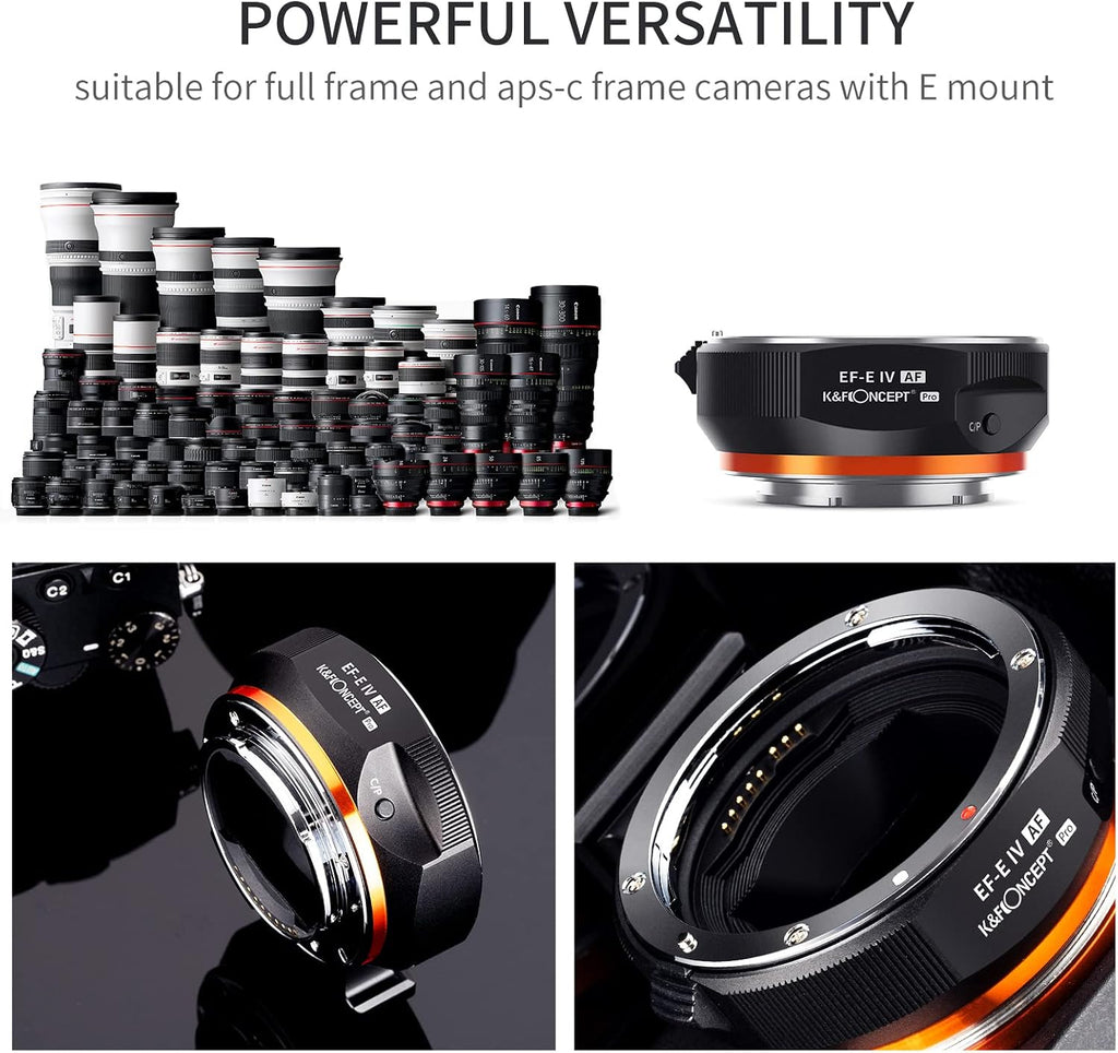 EF/EF-S to E Electronic Lens Adapter, K&F CONCEPT Auto Focus EF EF-S Mount Lens Mount Adapter Ring Compatible with Sony E Mount Cameras