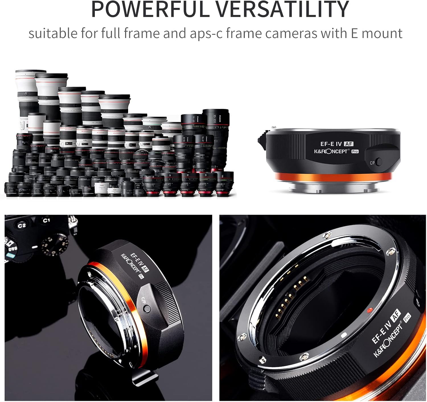 EF/EF-S to E Electronic Lens Adapter, K&F CONCEPT Auto Focus EF EF-S Mount Lens Mount Adapter Ring Compatible with Sony E Mount Cameras
