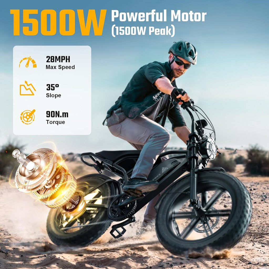 TST Electric Bike for Adults, 1500W Peak Motor 60/100 Miles Fat Tire Ebike with 48V 15Ah/25Ah Removable Battery 20' Electric Dirt Bike Full Suspension and 7-Speed