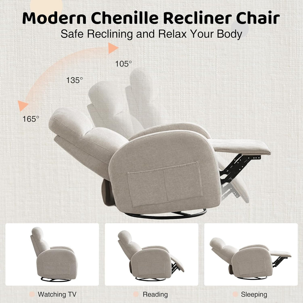 Manual Swivel Rocker Recliner, Nursery Rocking Chair with Lumbar Support, Chenille Nursering Glider Recliners with Double Pockets for Living Room, Camel