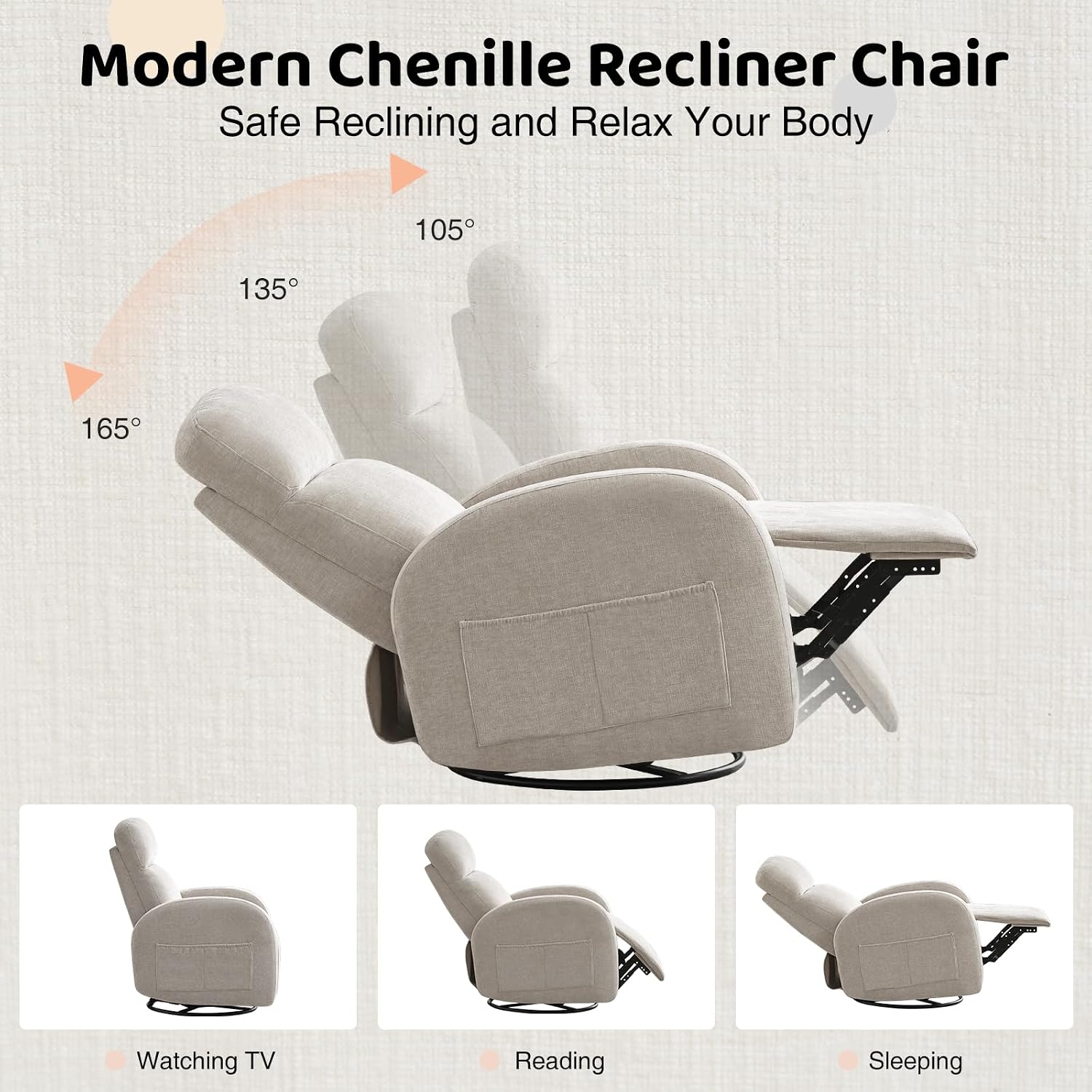 Manual Swivel Rocker Recliner, Nursery Rocking Chair with Lumbar Support, Chenille Nursering Glider Recliners with Double Pockets for Living Room, Camel