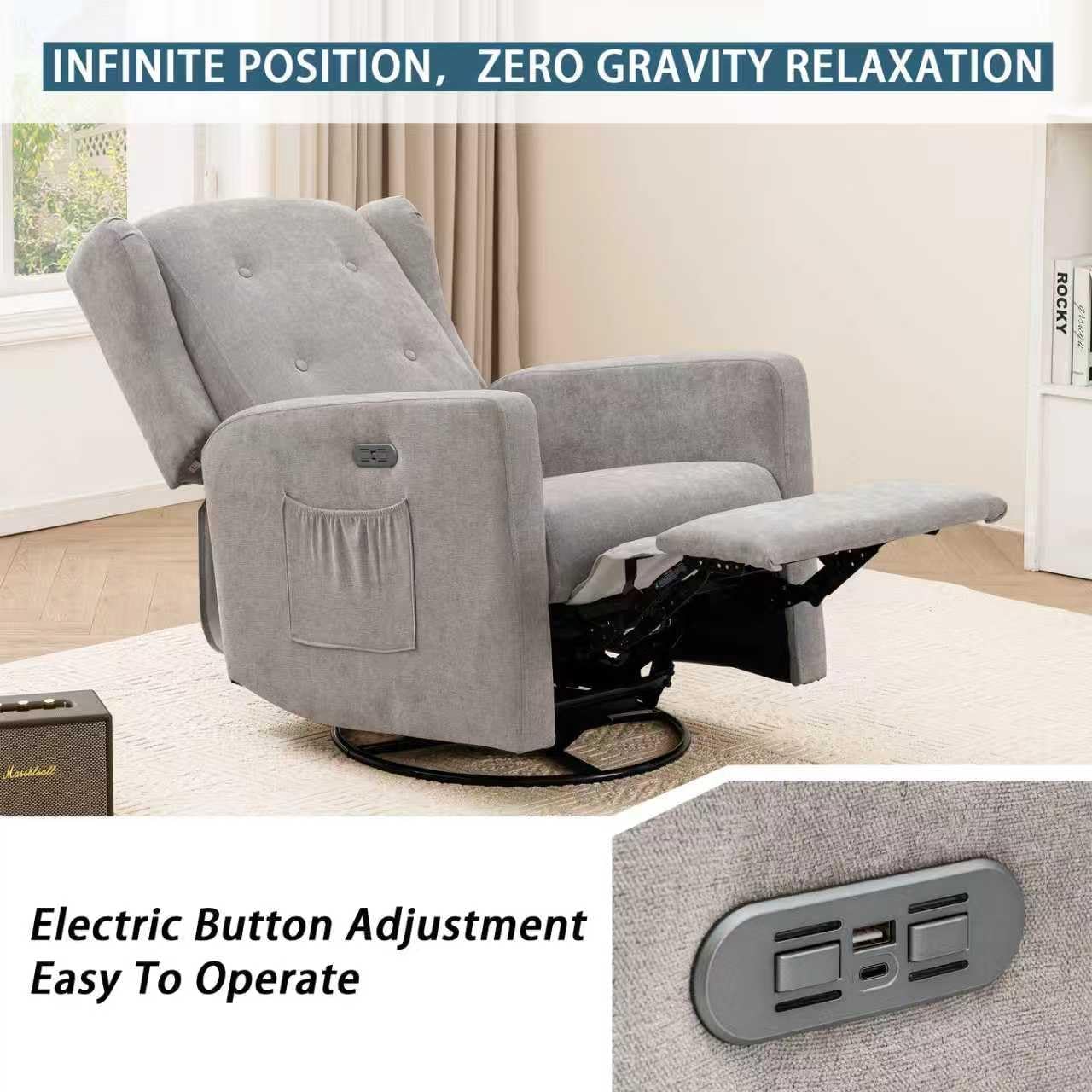 Ketaiyou Power Swivel Rocking Recliner Chair, High Back Electric Rocker Nursery Glider Chair, USB and Type-C Ports, Upholstered Fabric Reclining Single Sofa Chair for Living Room (Grey)