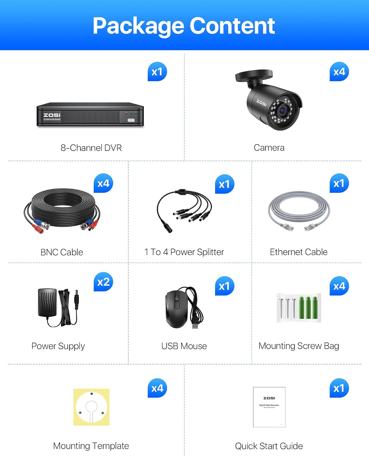 ZOSI 8CH 5MP 3K Lite Surveillance Wired Security Camera System with AI Human Vehicle Detection, 8 Channel H.265+ DVR and 4 x 1080p Bullet Camera Outdoor, 100ft Night Vision, IP66(No HDD Included)
