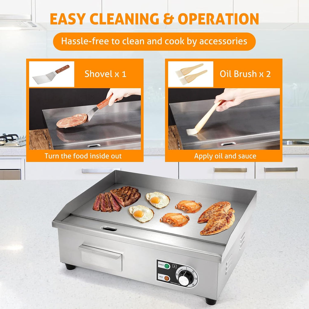 WICHEMI Commercial Electric Griddle 22' 3000W Flat Top Grill Countertop Griddle Stainless Steel Teppanyaki Grill w/Iron Cooking Plate for Restaurant Kitchen, 110V