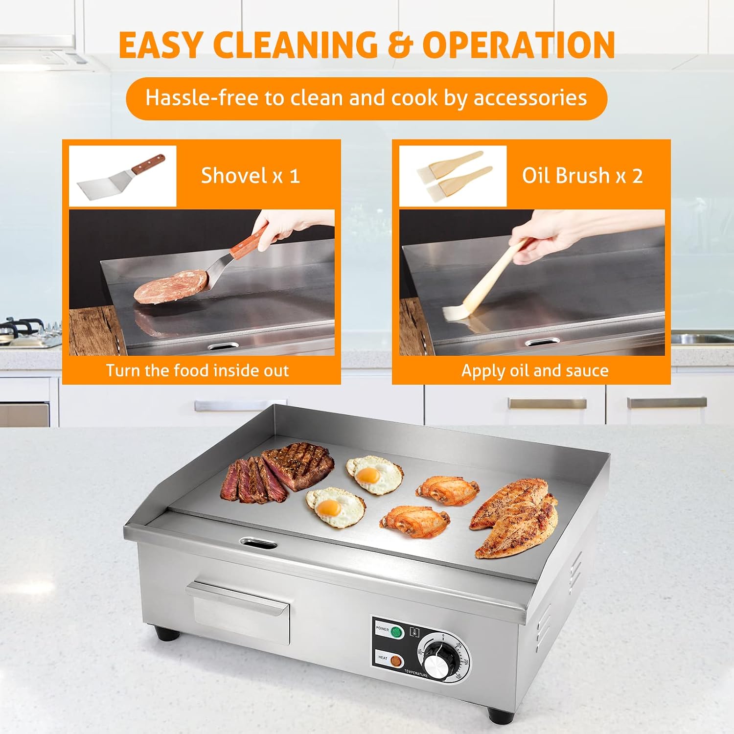 WICHEMI Commercial Electric Griddle 22' 3000W Flat Top Grill Countertop Griddle Stainless Steel Teppanyaki Grill w/Iron Cooking Plate for Restaurant Kitchen, 110V
