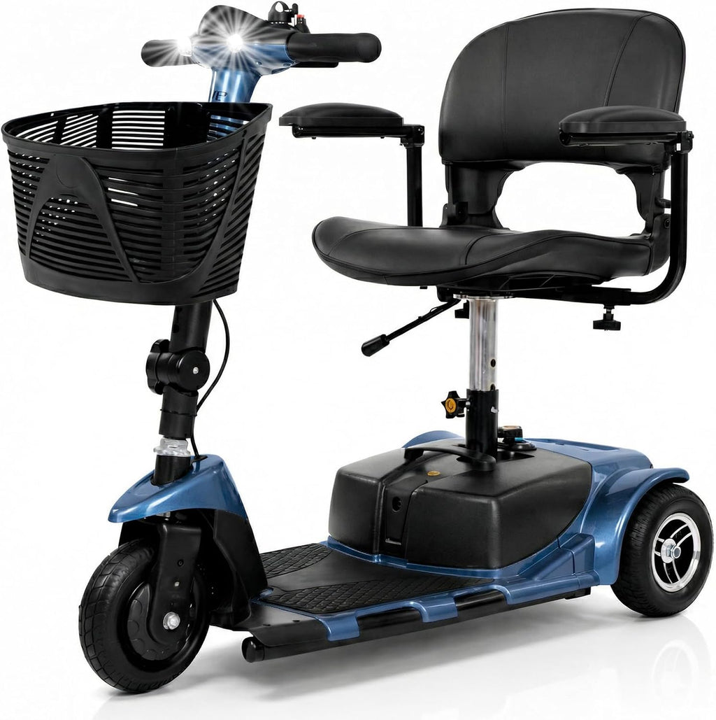 Vive 3 Wheel Mobility Scooter - Electric Powered Mobile Wheelchair Device for Adults - Folding, Collapsible and Compact for Travel - Long Range Power Extended Battery with Charger and Basket Included