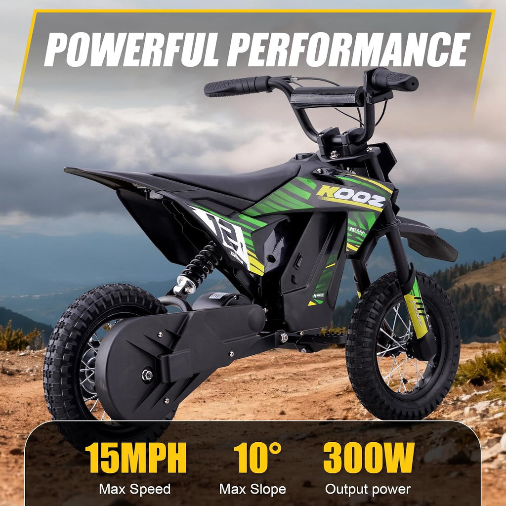 KOOZ 36V 300W Electric Dirt Bike for Kids - 3 Speed Modes Electric Motorcycle Up to 15.5 MPH & 14 Miles Long-Range, Shock Absorber & Rear Brake, 12' Sturdy Tire Gift for Kids