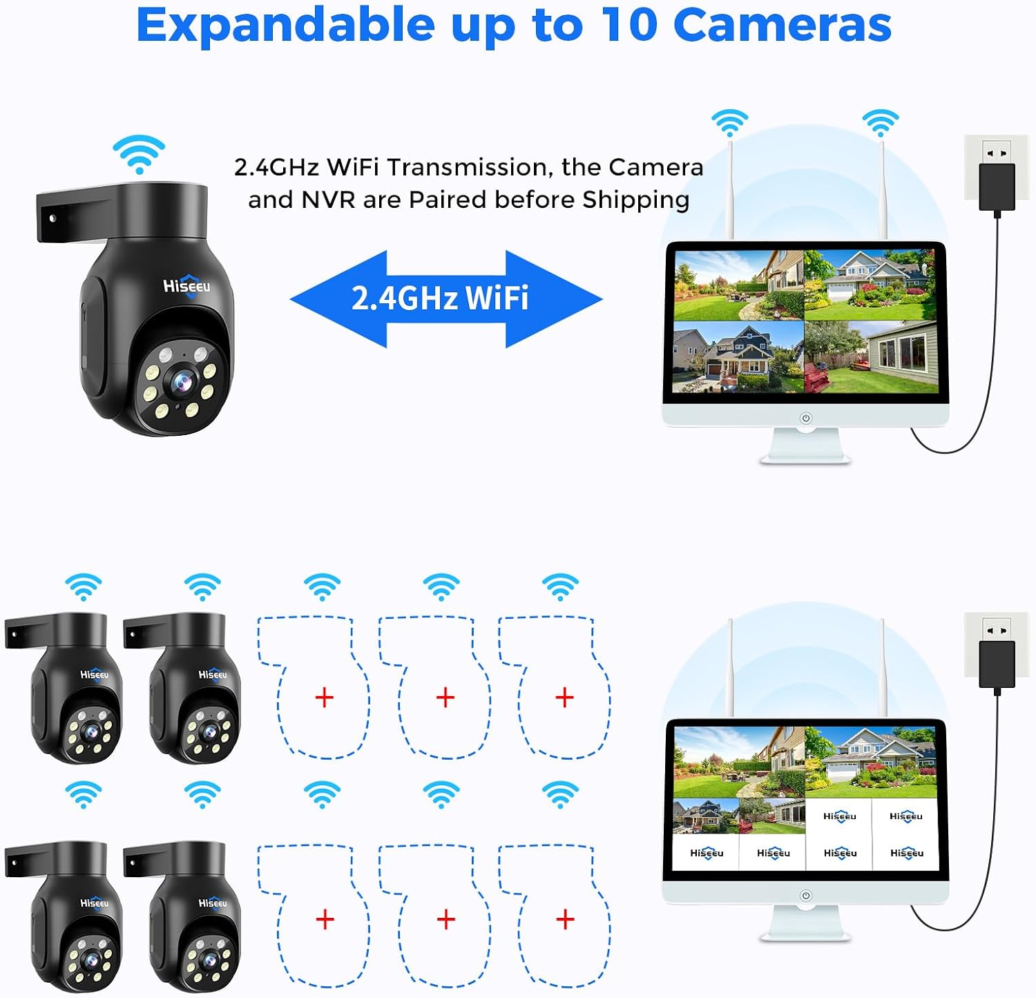 Hiseeu Wireless Security Camera System,All-in-One with 15' LCD Monitor 16CH NVR 4PCS 5MP PTZ Outdoor Camera,3TB HDD Storage, 2-Way Audio, Color Night Vision, Motion Alert,2.4Ghz WiFi