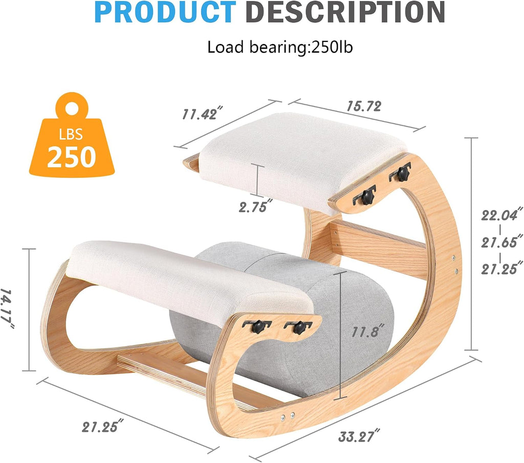 Adjustable Kneeling Chair, Wooden Ergonomic Chair Knee Chair Posture Chair - Improve Your Posture with an Angled Seat for Home,Office (Wood Color+ Pads)