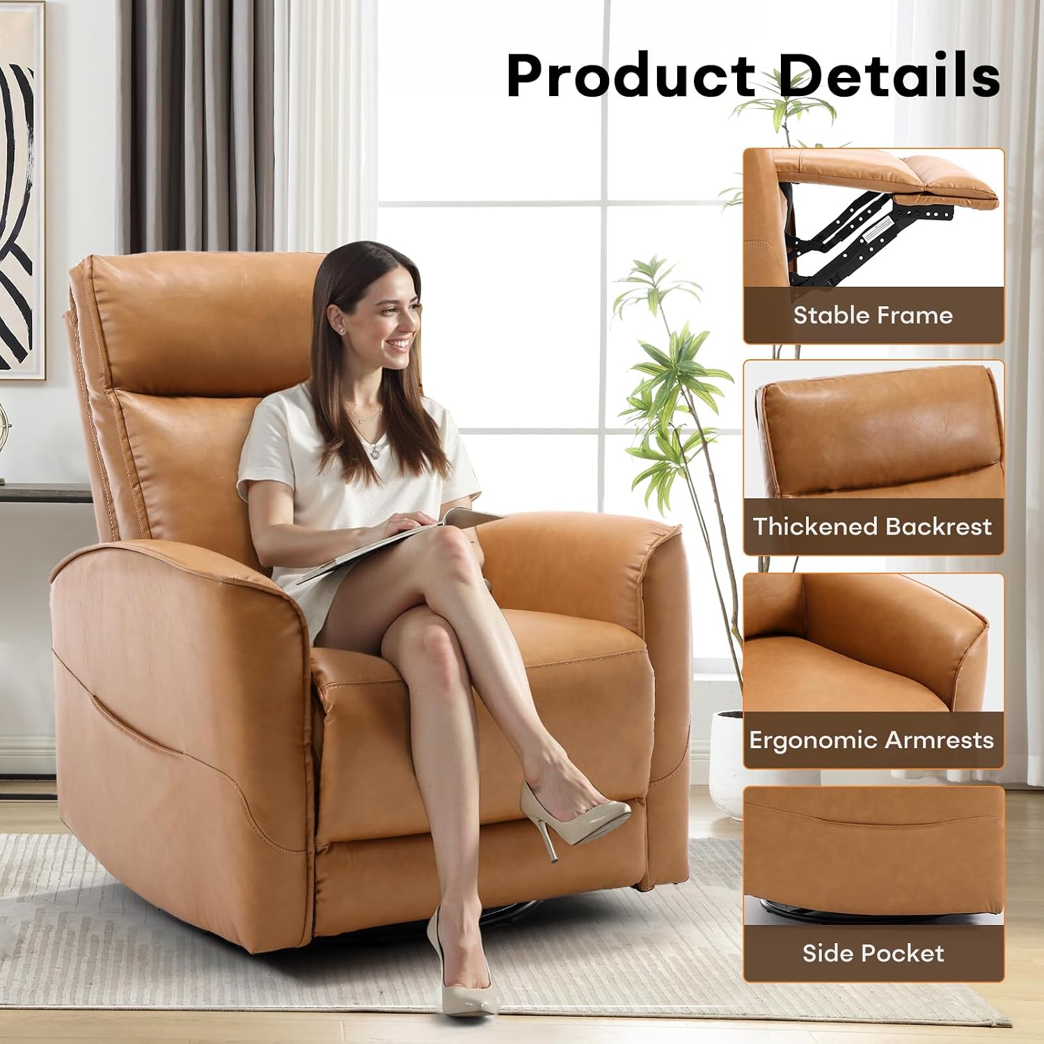 HAOMARKETS Swivel Rocker Recliner Chair, Manual Faux Leather Glider Rocking Recliners for Adults, 360° Swivel Nursery Reclining Sofa with Storage Pocket