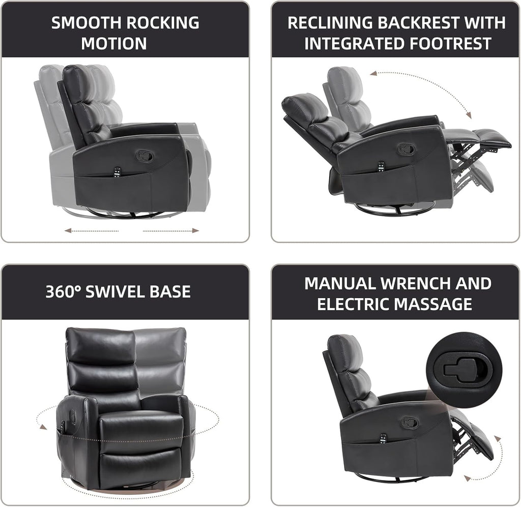 PELUMY 360° Swivel Rocker Recliner with Heat & Vibration Massage, Glider Rocking Chair for Adults, Compact Recliner for Living Room, Small Spaces, Nursery, Bedroom (Breathable Leather, Black)