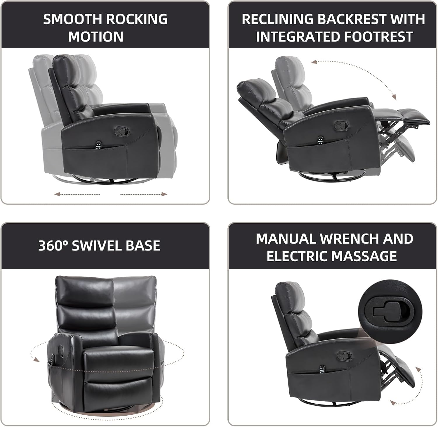 PELUMY 360° Swivel Rocker Recliner with Heat & Vibration Massage, Glider Rocking Chair for Adults, Compact Recliner for Living Room, Small Spaces, Nursery, Bedroom (Breathable Leather, Black)