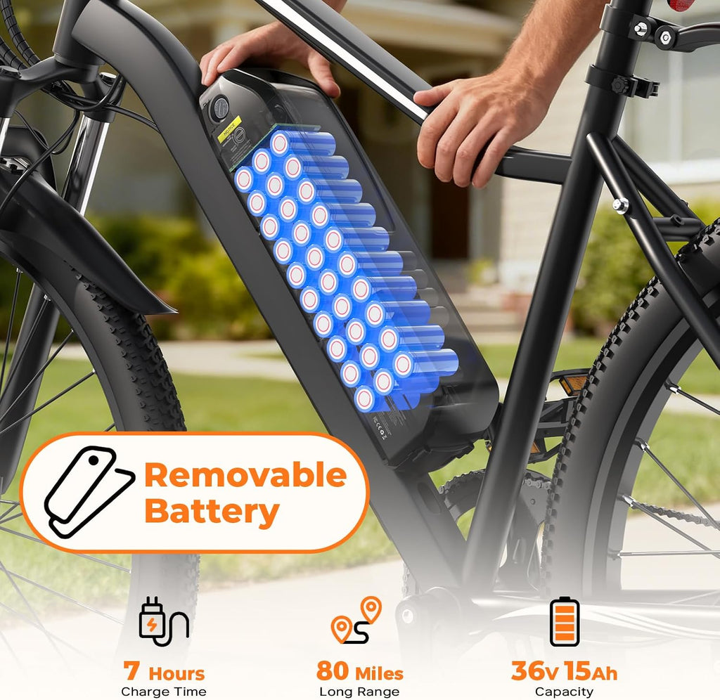 Electric Bike, 1500W/1000W/750W Peak Motor, 80/70/55 Miles Range & 20MPH Speed, 26'' Tires, APP Control E Bike, Shock Absorber, Adjustable Seat, Commuting Electric Bike for Adults