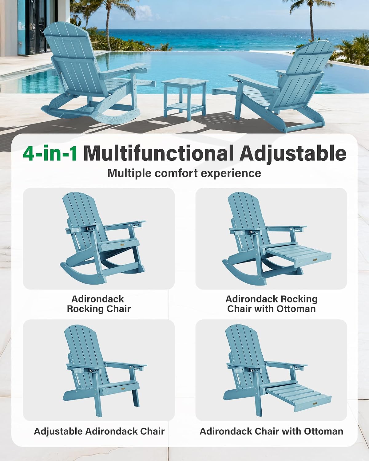 YEFU Adirondack Chairs with Retractable Ottoman: Oversize Adirondack Rocking Chairs - 5-Level Adjustable High Back - Outdoor Rocker with Cup Holder for Porch/Gardens/Lawn/Patio/Backyard/Blue