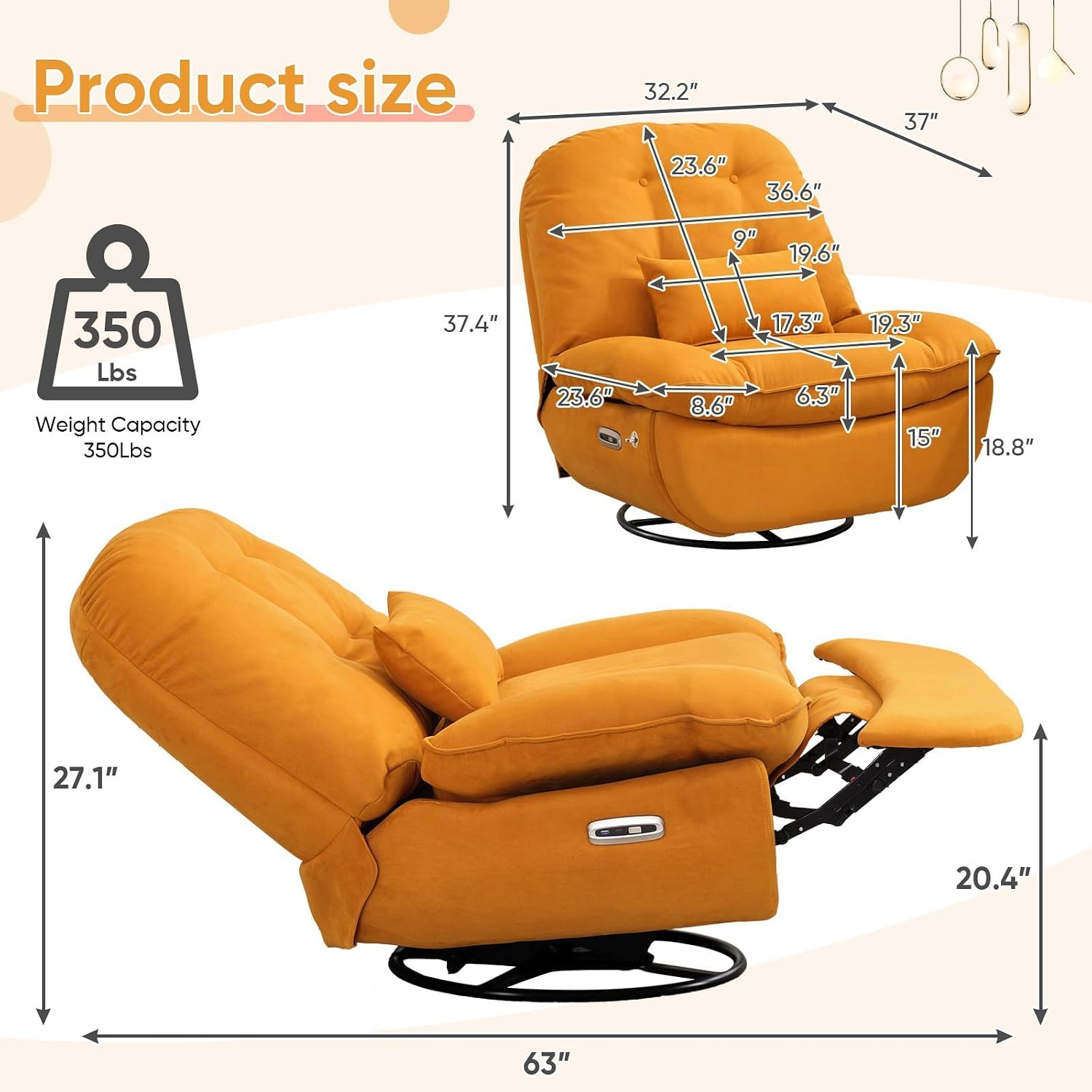 Smart Oversized Electric Recliner Chair, 360° Round Swivel Rocking Glider Rocker Chairs for Adults Modern Comfy Ergonomic Chaise Lounge Indoor, Theater Seating Living Room Reading, Soft Orange Fabric