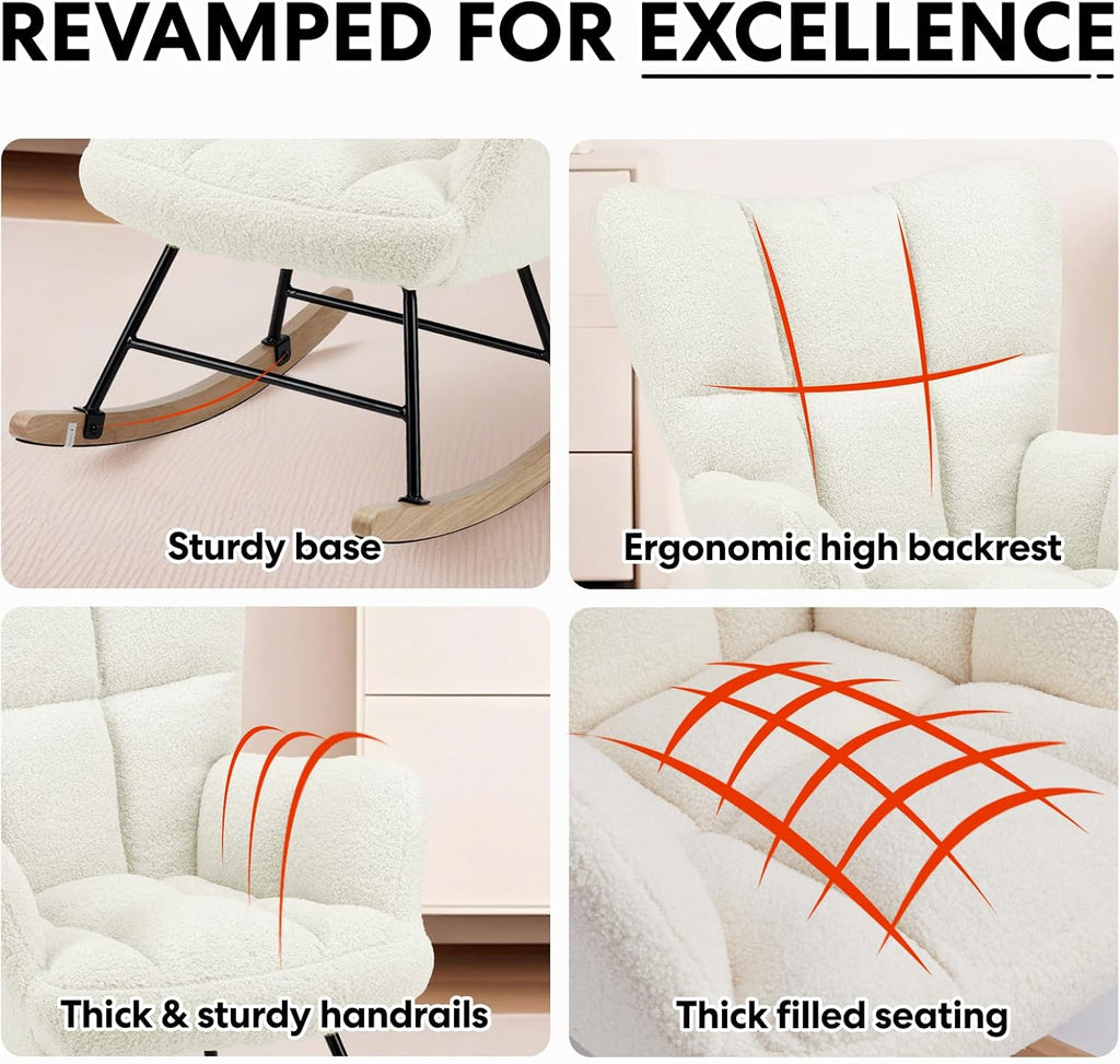 YSSOA Nursery Rocking Chairs, Teddy Upholstered Glider Recliner Rocking Chair with High Backrest Armchair, Comfy Reading Chair Fluffy Accent Side Chair for Nursing, Living Room, Bedroom, White