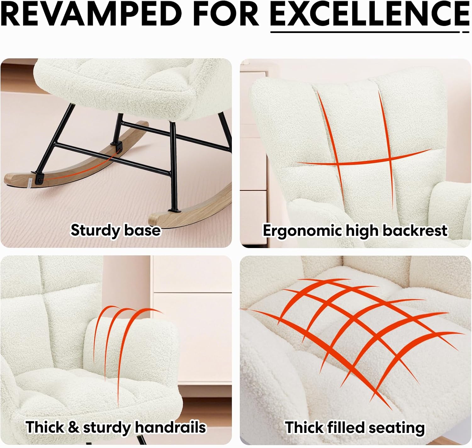 YSSOA Nursery Rocking Chairs, Teddy Upholstered Glider Recliner Rocking Chair with High Backrest Armchair, Comfy Reading Chair Fluffy Accent Side Chair for Nursing, Living Room, Bedroom, White