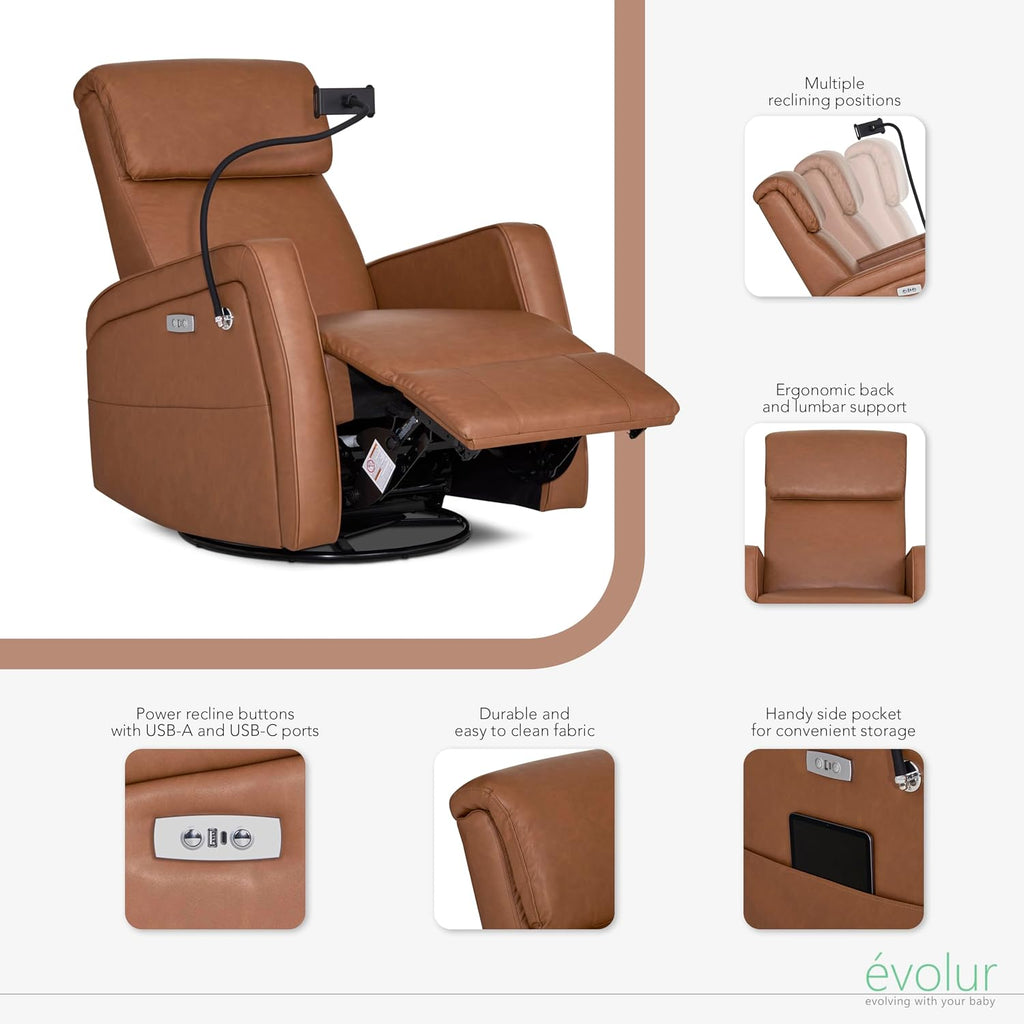 Evolur Maverick Upholstered Power Glider Recliner with Device Holder – Swivel, Rocking & Smooth Power Recline – Greenguard Gold & FSC Certified, Modern Nursery and Living Room Chair in Cognac