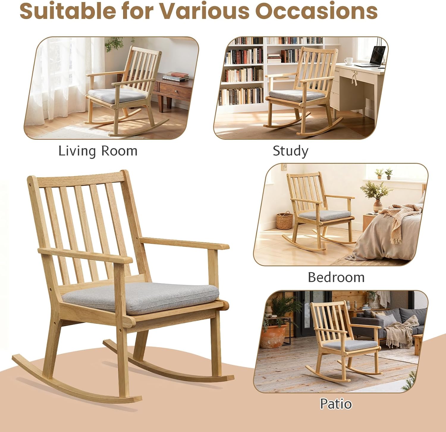 Giantex Rocking Chair with Cushion, Solid Rubber Wood Rocker w/Slatted High Back & Padded Seat, Indoor Rustic Accent Armchair for Living Room, Bedroom, Study, Nursery, Patio, Natural (1)