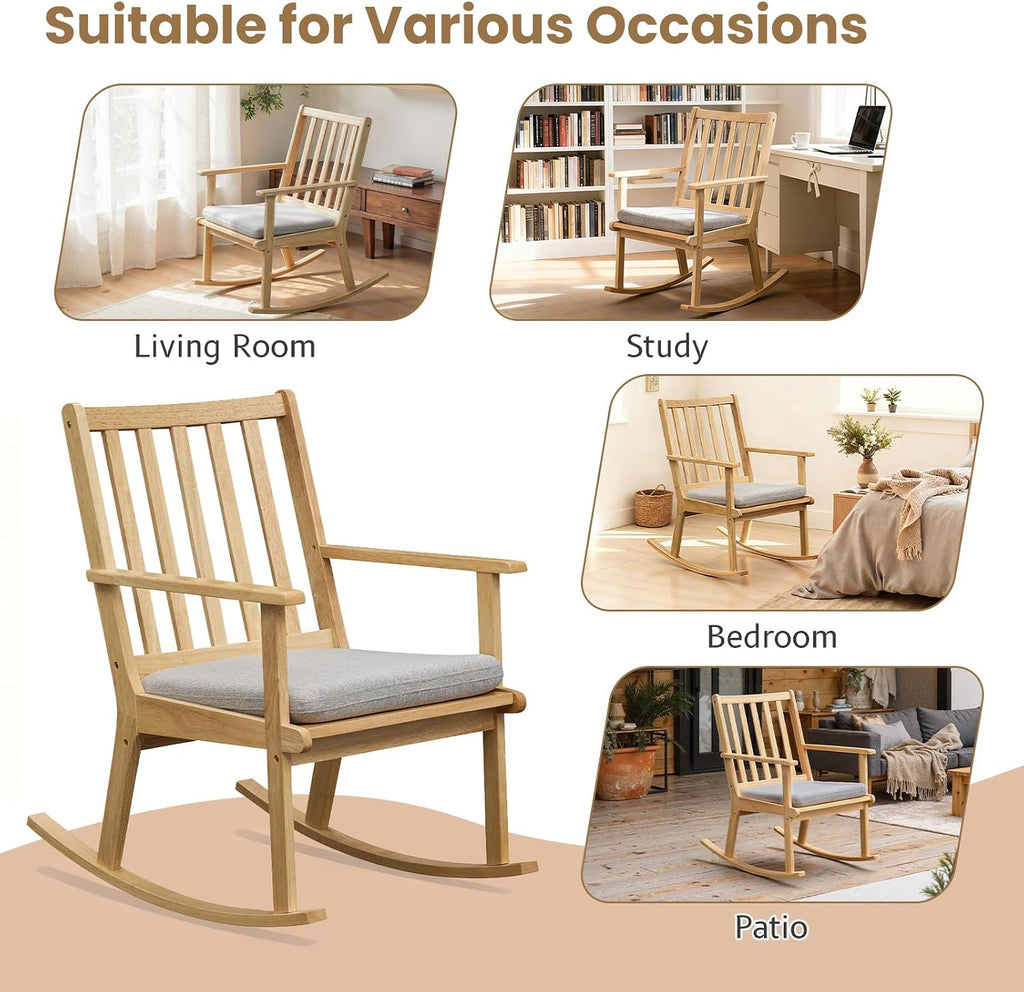 Giantex Rocking Chair with Cushion, Solid Rubber Wood Rocker w/Slatted High Back & Padded Seat, Indoor Rustic Accent Armchair for Living Room, Bedroom, Study, Nursery, Patio, Natural (2)