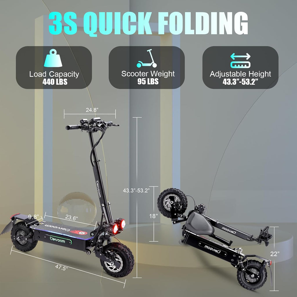 Fast Electric Scooter Adults, 1200W/5600W Off Road E Scooter, 35/50 Miles Long Range, 35/50 MPH Top Speed, 10/11' Tires, Foldable Kick Scooter for Adults and Teens with Dual Suspension