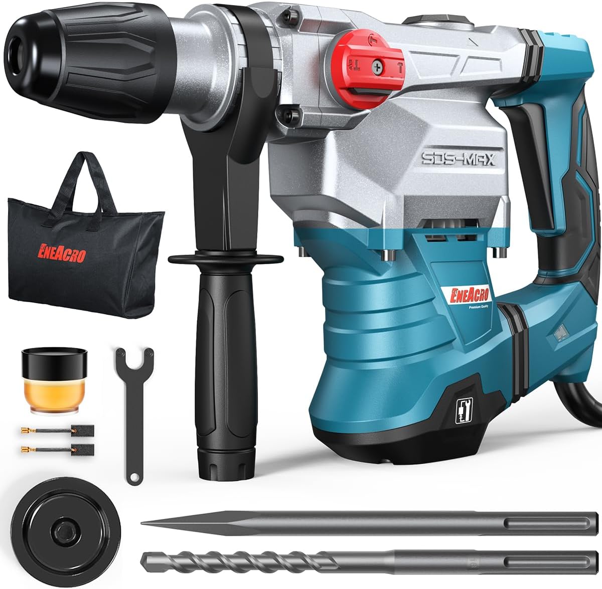 ENEACRO SDS-Max Heavy-Duty Rotary Hammer Drill 9 Ft.lbs, 3 Functions with Safety Clutch & Vibration Control 1-9/16' Drilling Capacity in Concrete– Includes Chisel, Drill Bit, and Tool Bag