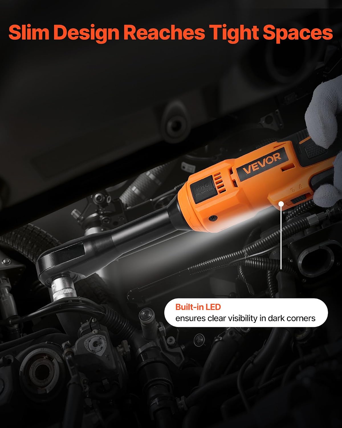 VEVOR Cordless Ratchet Wrench, 3/8 inch Drive, 230 RPM, up to 66 ft-lbs of Torque, Battery Powered Electric Ratchet Wrench Set with Two 2.0Ah Batteries, Charger, Sockets, Adaptors and Cloth Bag
