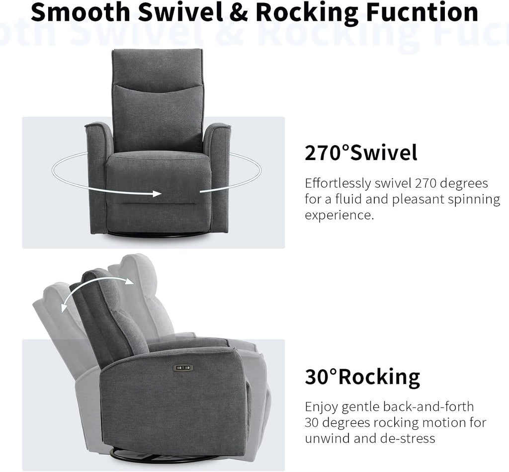 ANJ Power Rocker Recliner Chair with USB Ports, Electric 270° Swivel Glider Recliners, Upholstered Leathaire Rocking Reclining Sofa Nursery Recliner for Living Room, Bedroom (Smoke Gray)