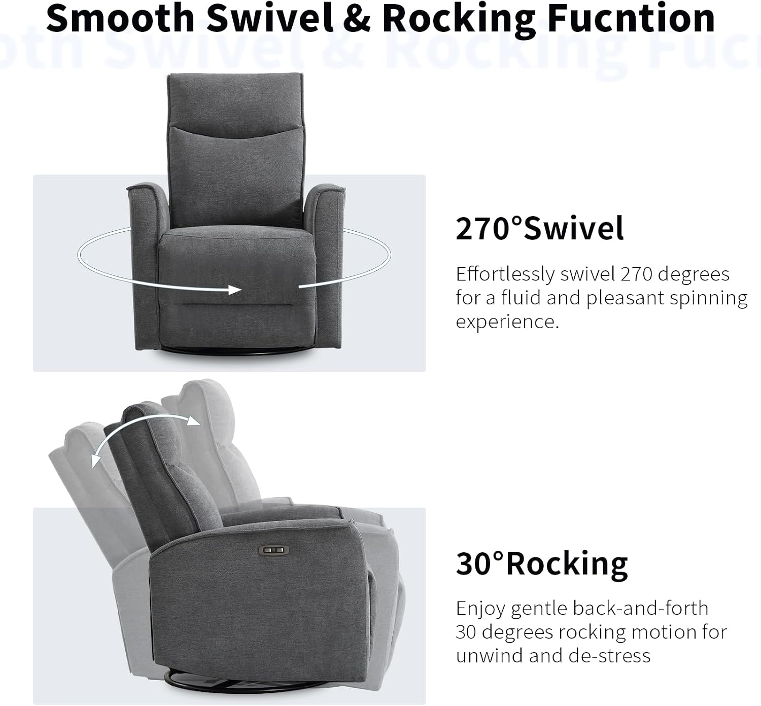 ANJ Power Rocker Recliner Chair with USB Ports, Electric 270° Swivel Glider Recliners, Upholstered Leathaire Rocking Reclining Sofa Nursery Recliner for Living Room, Bedroom (Smoke Gray)