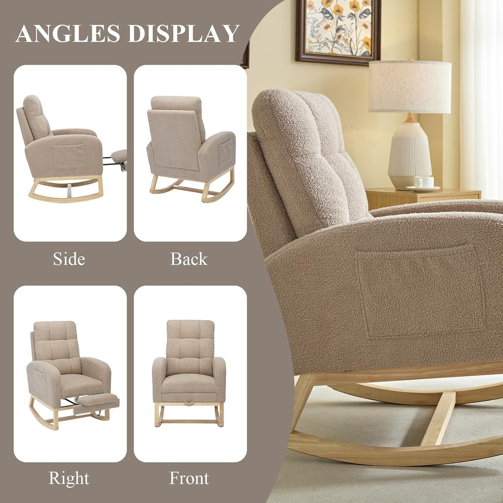 Nursery Rocking Chair, Polyester Upholstered Glider Chair with Footrest, Comfy Rocker Chair, Accent Chair with High Backrest, Glider Rocker, Armchair for Living Room (Brown Teddy)