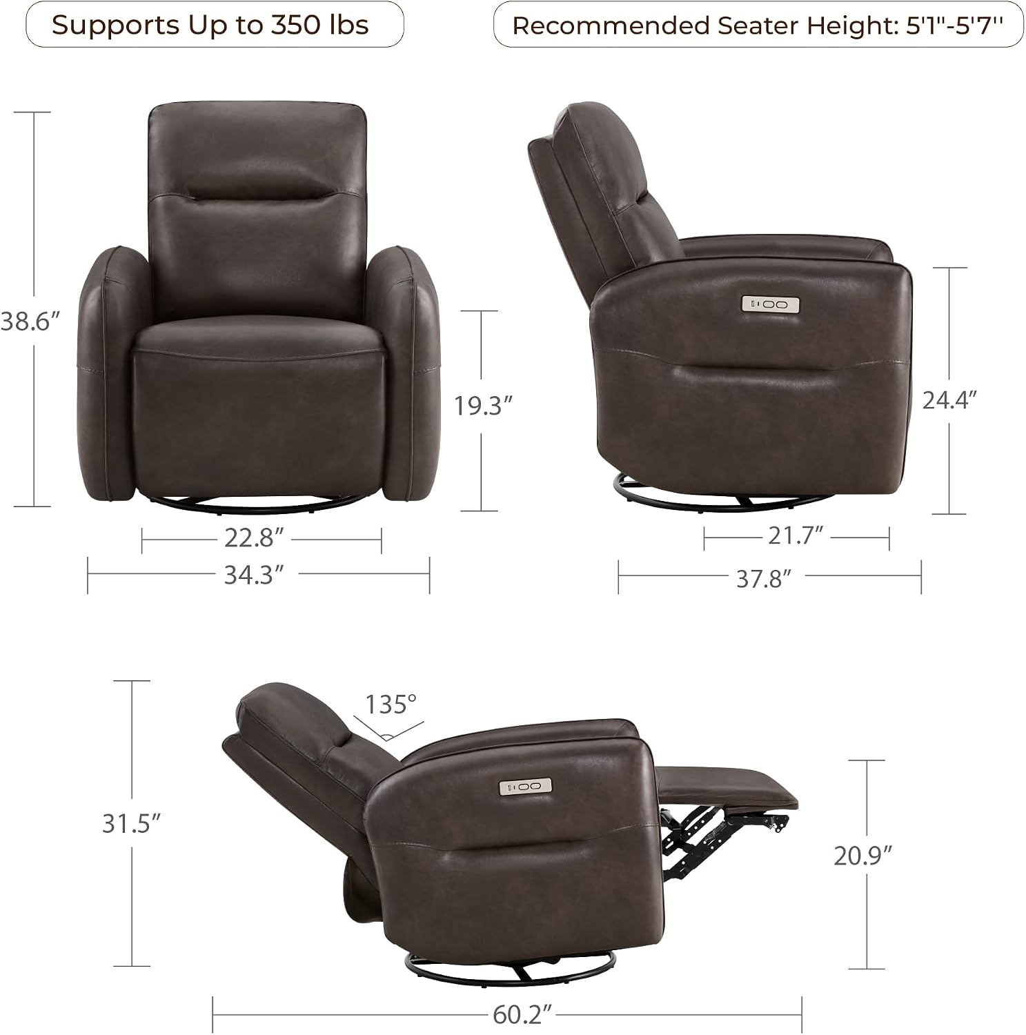 CHITA Power Recliner Chair, Faux Leather Swivel Glider for Adults, Electric Nursery Rocking Chair with USB & Type-C Charging for Living Room, Bedroom, Chocolate Brown