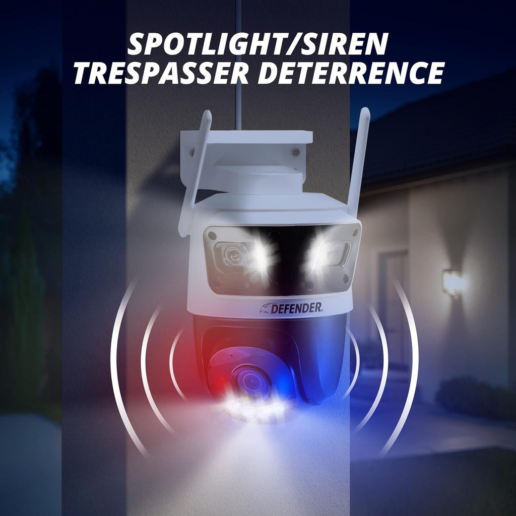 Defender AI Powered 3K+ Guard WiFi Tri-Lens PTZ Plug-in Power Outdoor Security Camera, 3-in-1, 360°, 8X Zoom, Human/Vehicle AI Detection, Blue/Red LED, WiFi 6, Works w/Guard App, 2 Pack
