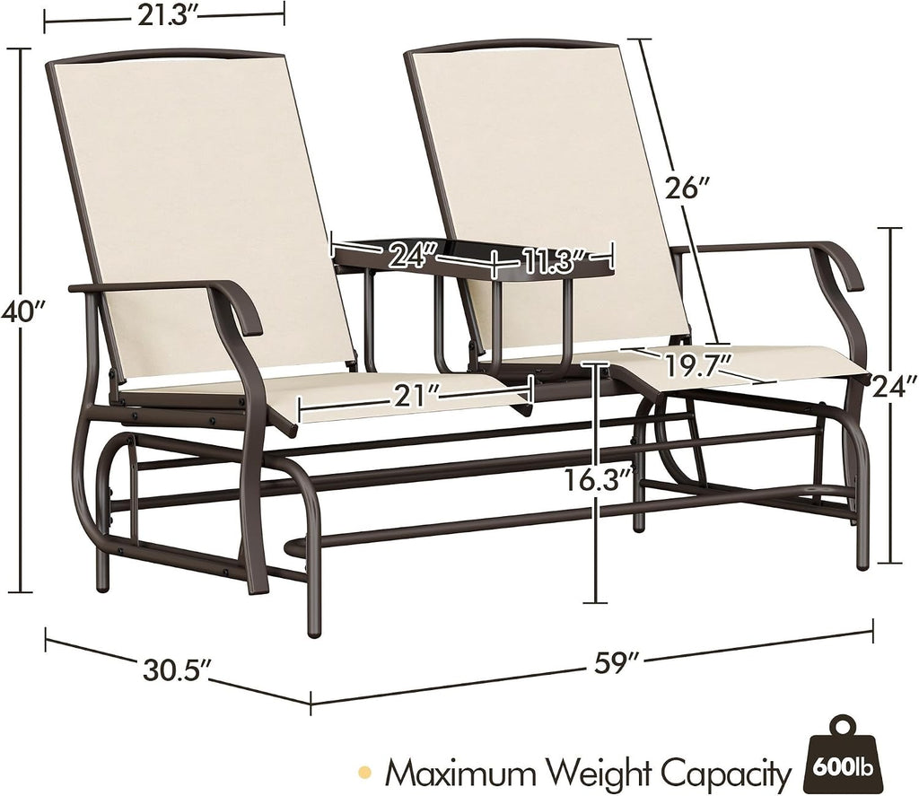 Yaheetech 2-Seat Outdoor Glider with Center Table, Patio Rocking Loveseat with Breathable Mesh Sturdy Metal Frame for Garden Pool Lawn, Beige