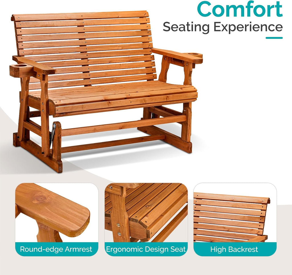 VINGLI Wooden Patio Glider, Heavy Duty 800 LBS Outdoor Glider with Cup Holders, 4 FT Wooden Glider Bench with High Backrest for Garden, Yard, Patio, Teak