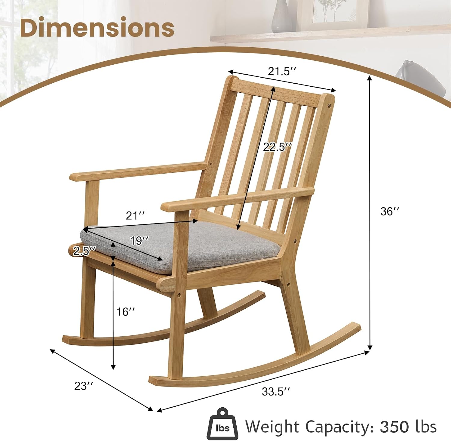 Giantex Rocking Chair with Cushion, Solid Rubber Wood Rocker w/Slatted High Back & Padded Seat, Indoor Rustic Accent Armchair for Living Room, Bedroom, Study, Nursery, Patio, Natural (2)